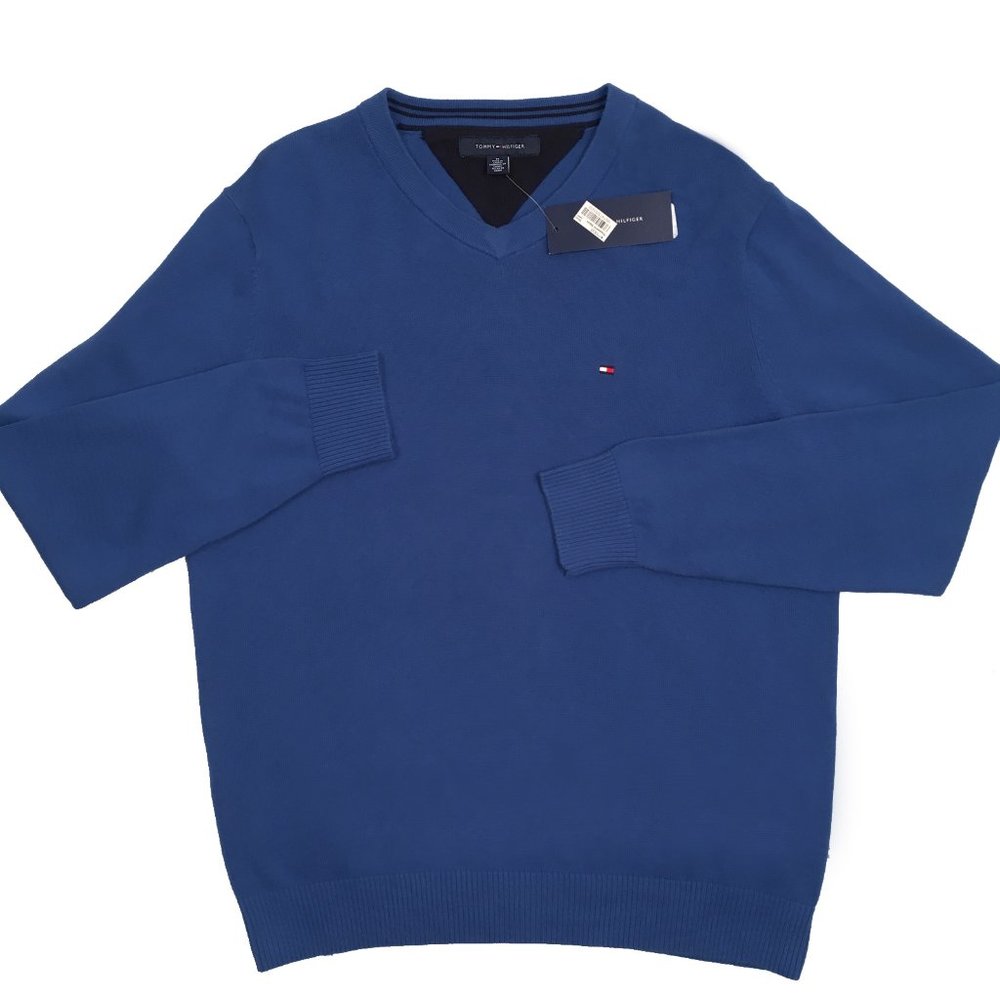 NEW Tommy Hilfiger Sweater! Royal  Blue  V Neck  Tommy Flag on Chest  Cotton